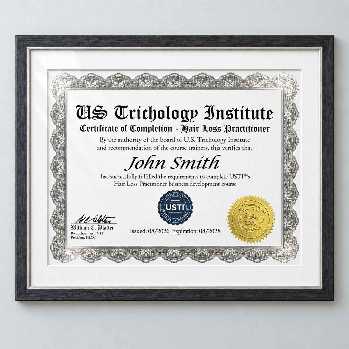 Framed replacement USTI certificate of completion