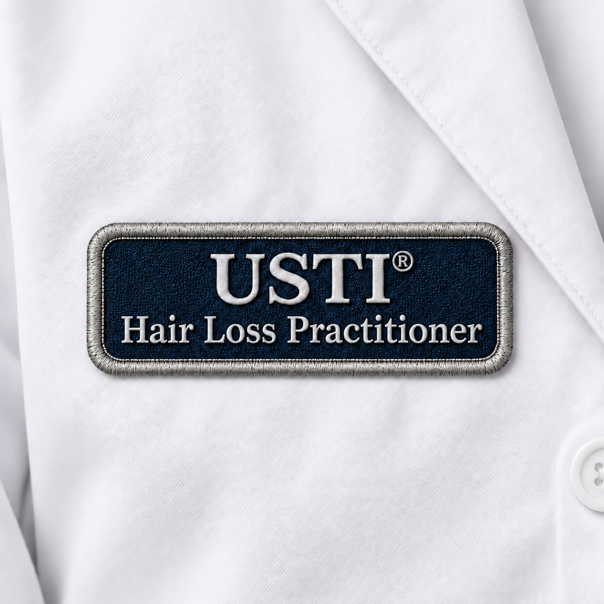 USTI Hair Loss Practitioner embroidered patch on a white lab coat
