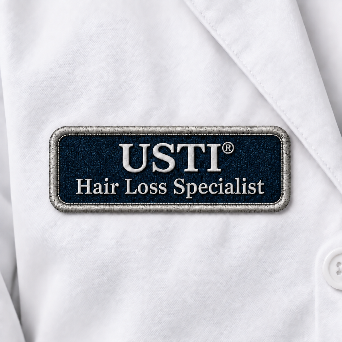 USTI Hair Loss Specialist embroidered patch on a white lab coat
