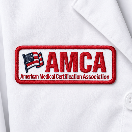 AMCA embroidered patch on a white lab coat