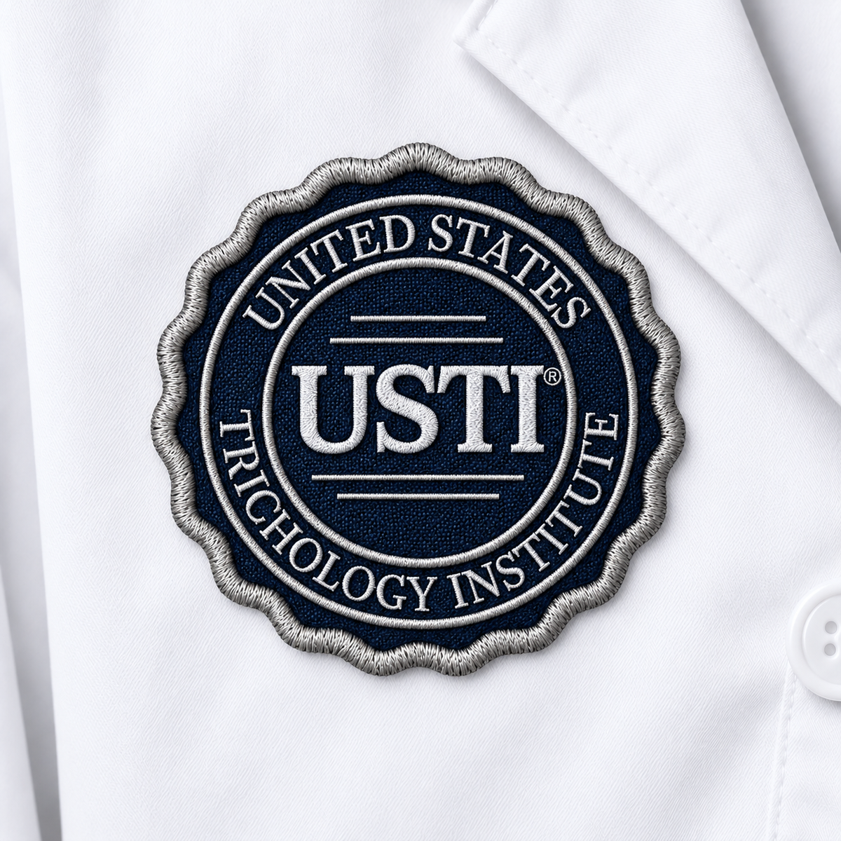 USTI logo embroidered seal patch on a white lab coat