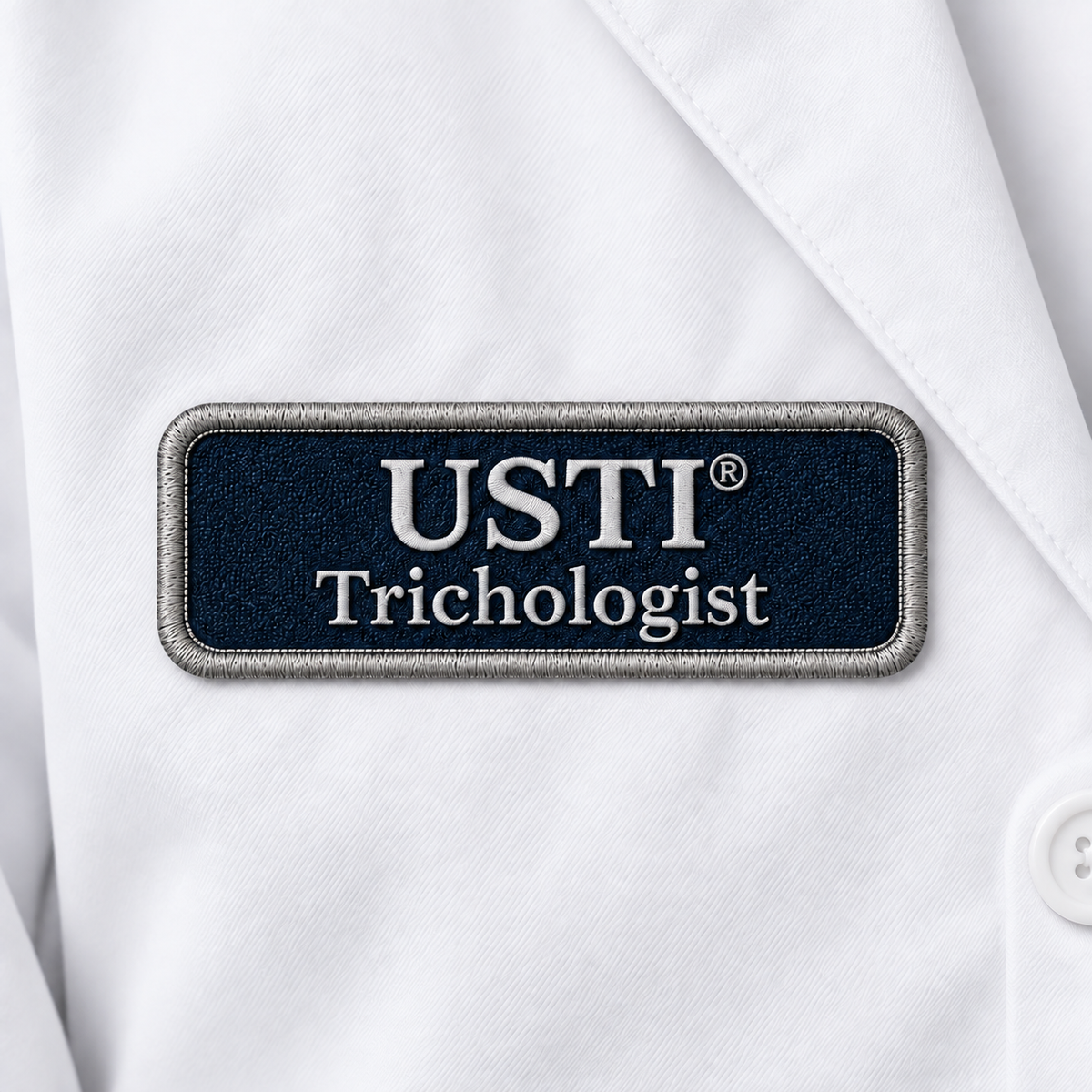 USTI Trichologist embroidered patch on a white lab coat