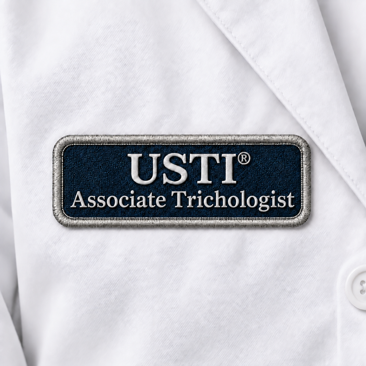 USTI Associate Trichologist embroidered patch on a white lab coat